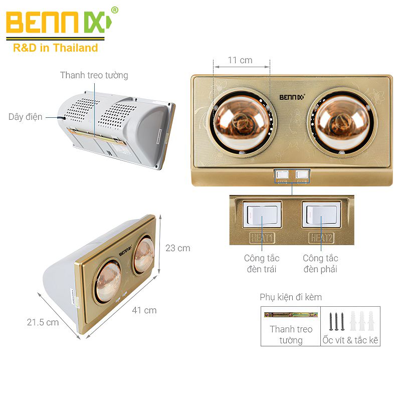 Đèn sưởi nhà tắm Bennix BN-02BG Plus loại 2 bóng